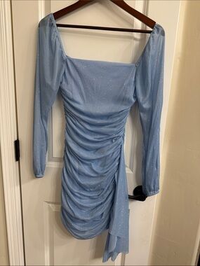Jump Light Blue Sparkle Ruched Long-Sleeve Mini Dress